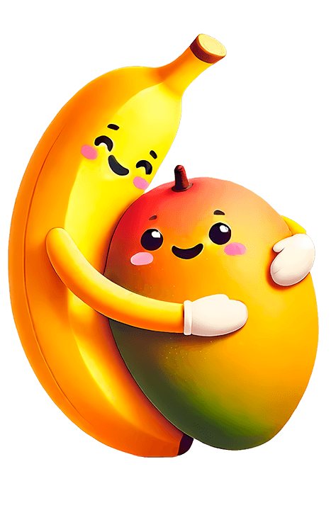 Ilustración de banana abrazando mango
