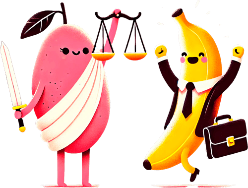Mango haciendo de Lady Justice y Banana de abogado