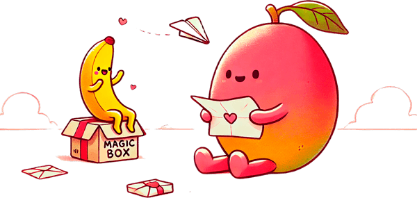 Ilustración amigable de un Mango recibiendo paquetes de una banana