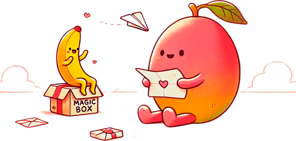 Ilustración amigable de un Mango recibiendo paquetes de una banana
