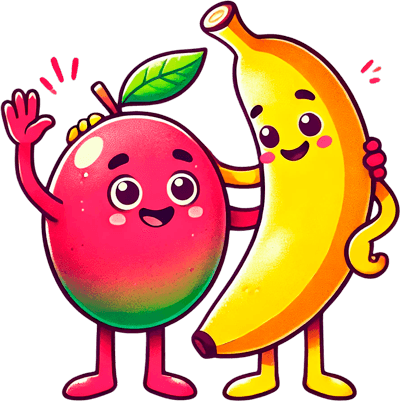 Ilustración de Mango y banana saludando amigablemente
