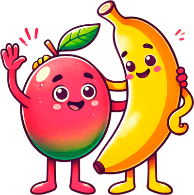 Ilustración de Mango y banana saludando amigablemente
